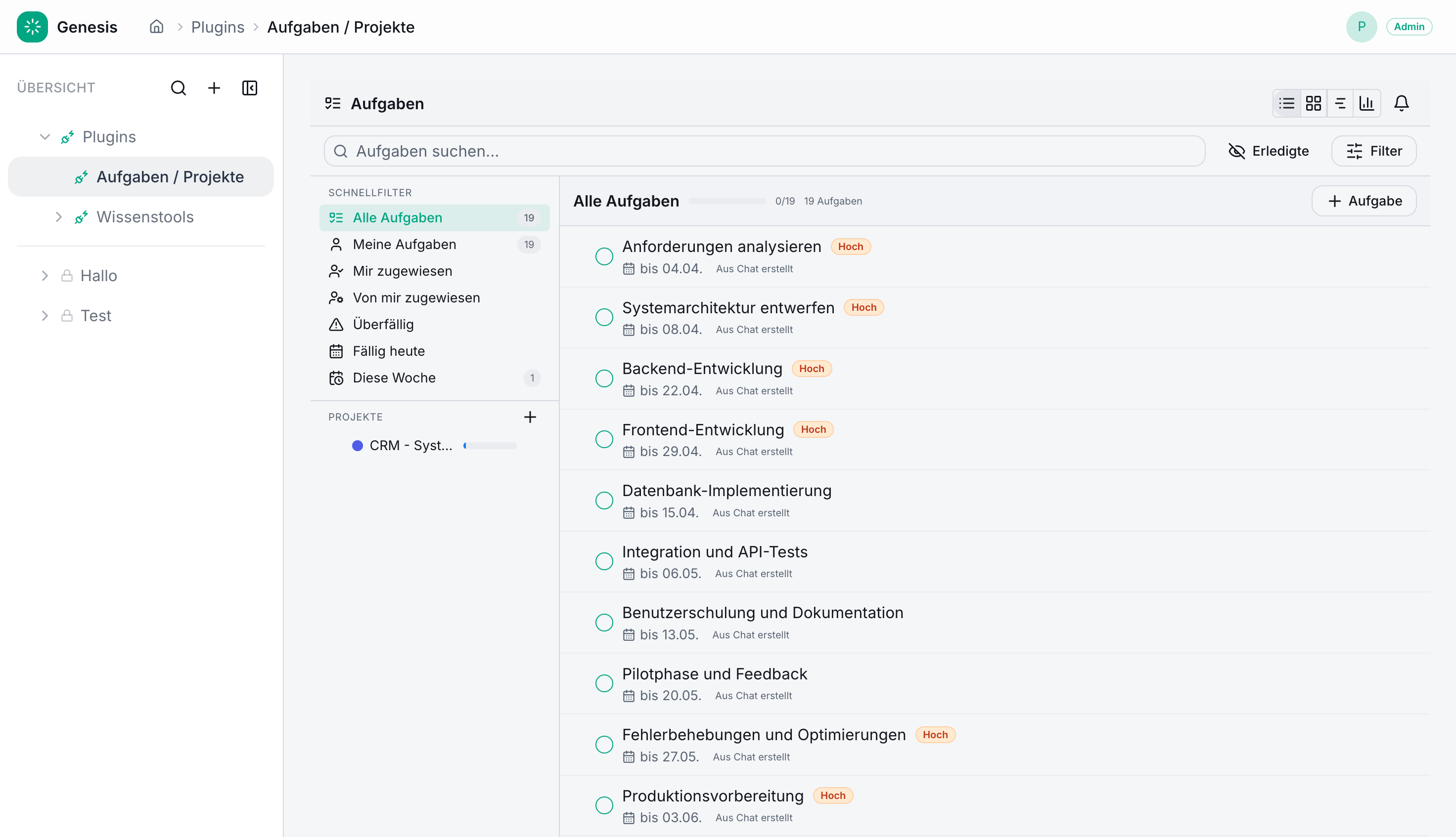Aufgabenübersicht mit Schnellfiltern und Projekten