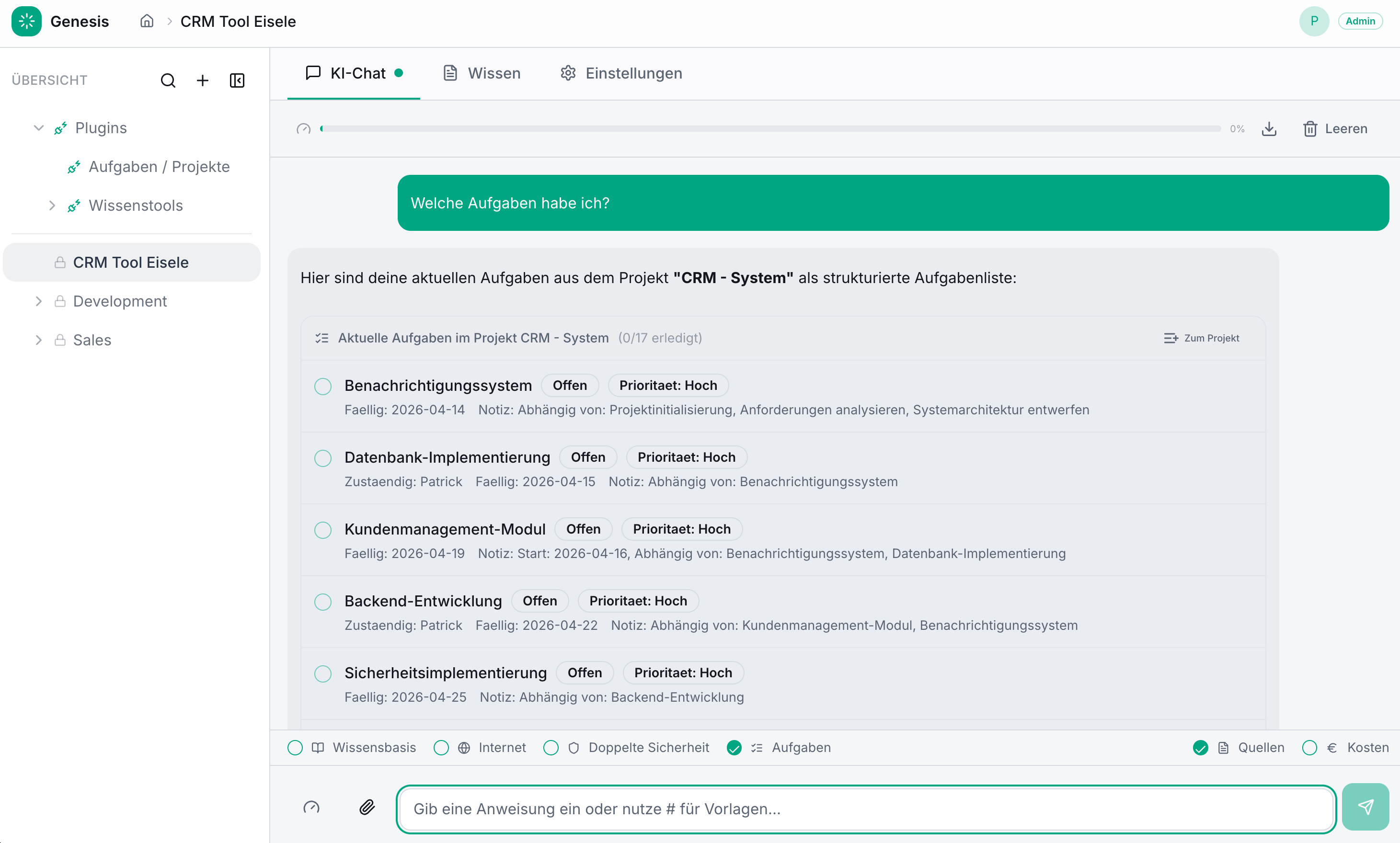 Chat zeigt aktuelle Aufgaben aus dem Projekt