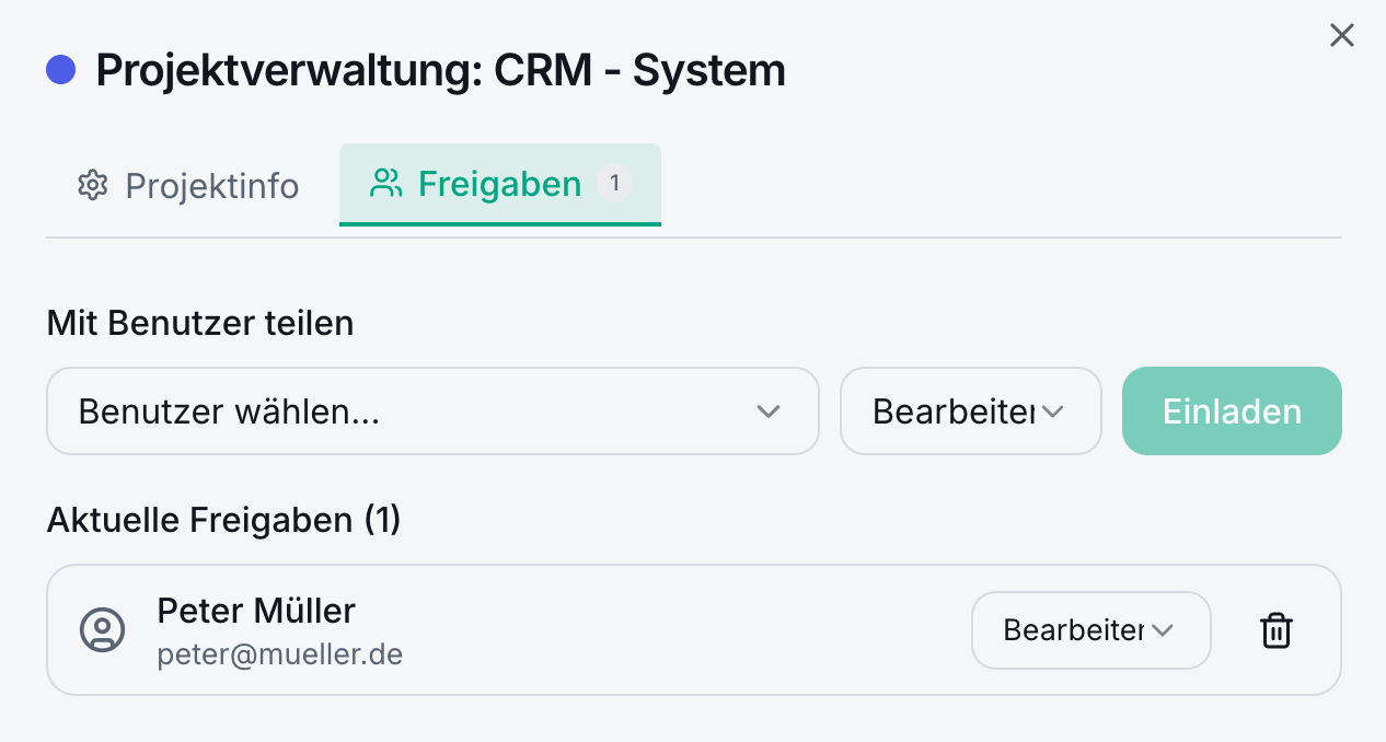 Projekt mit Mitarbeitern teilen