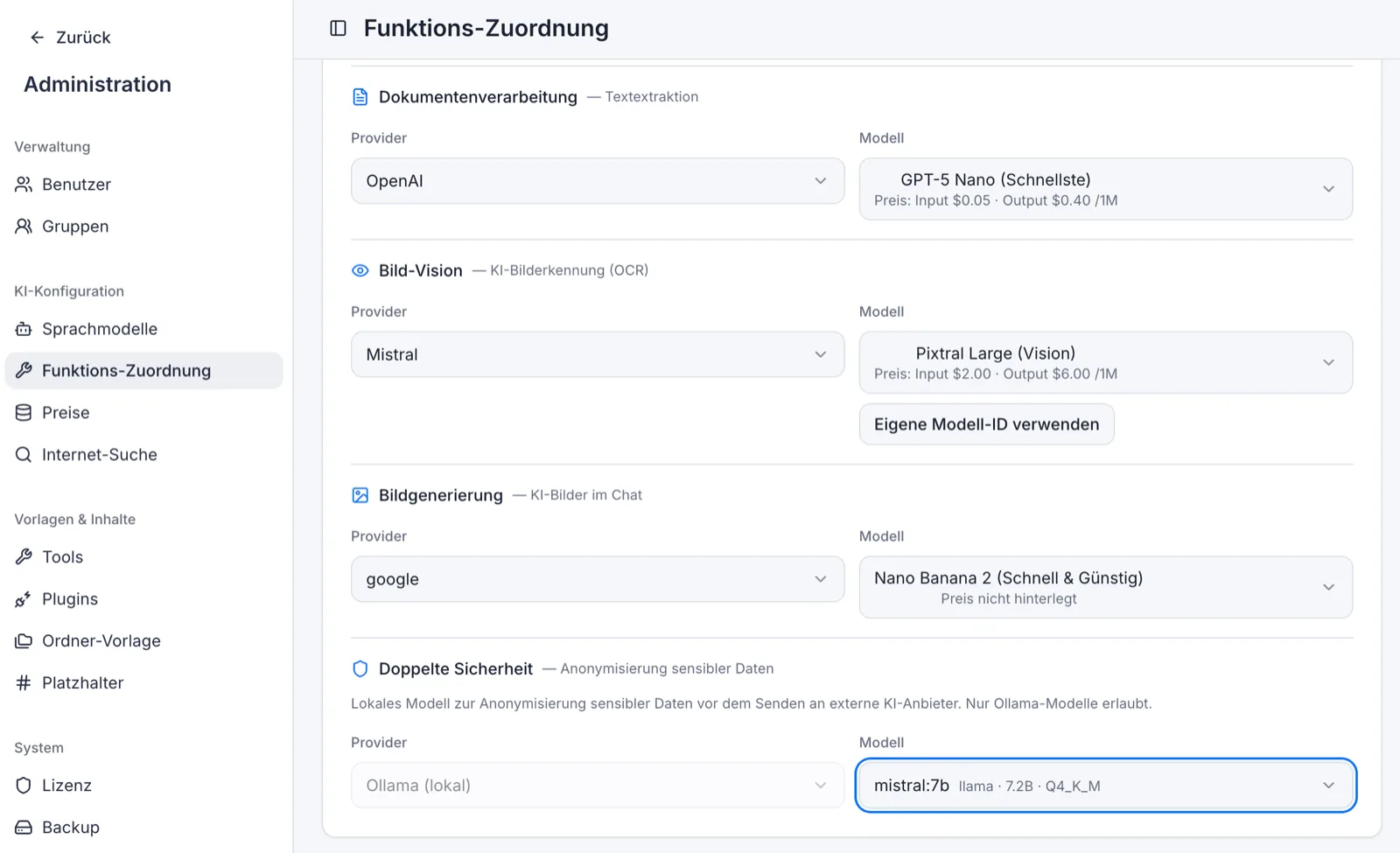 Genesis Admin-Bereich mit KI-Modell-Zuordnung