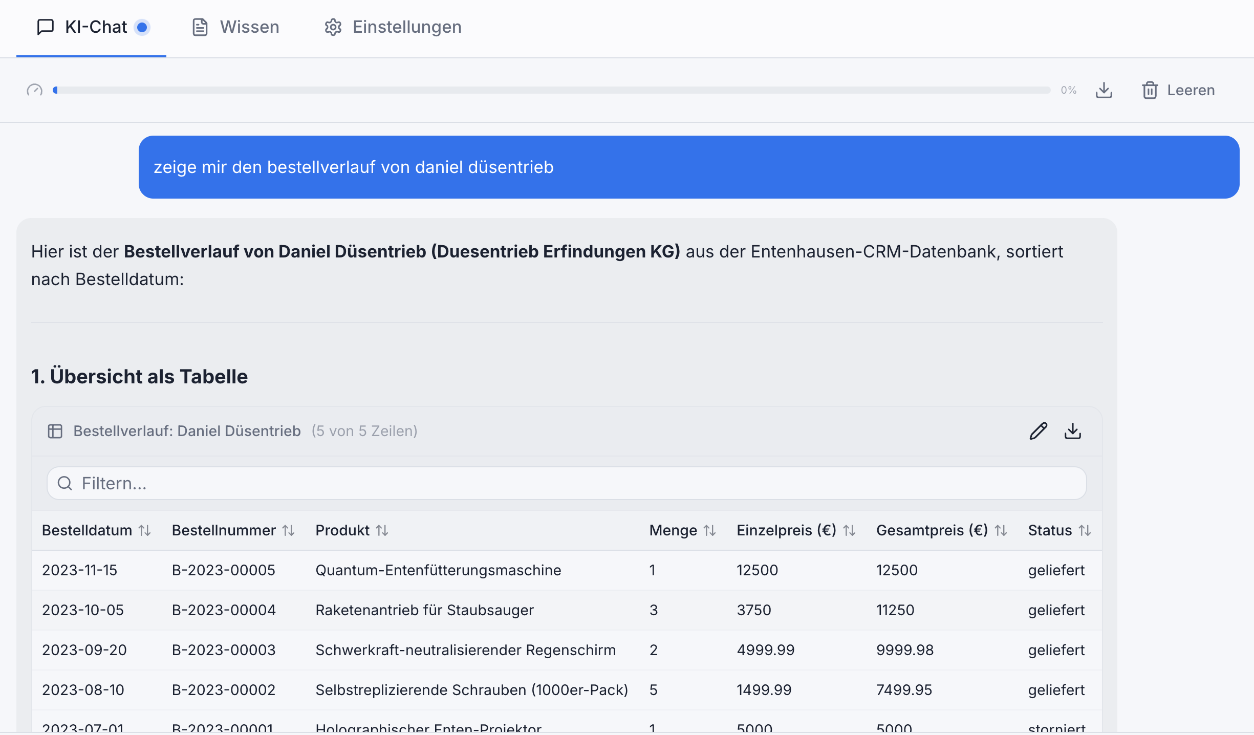 Genesis Datenbank-Abfrage: Bestellverlauf per natürlicher Sprache abgefragt