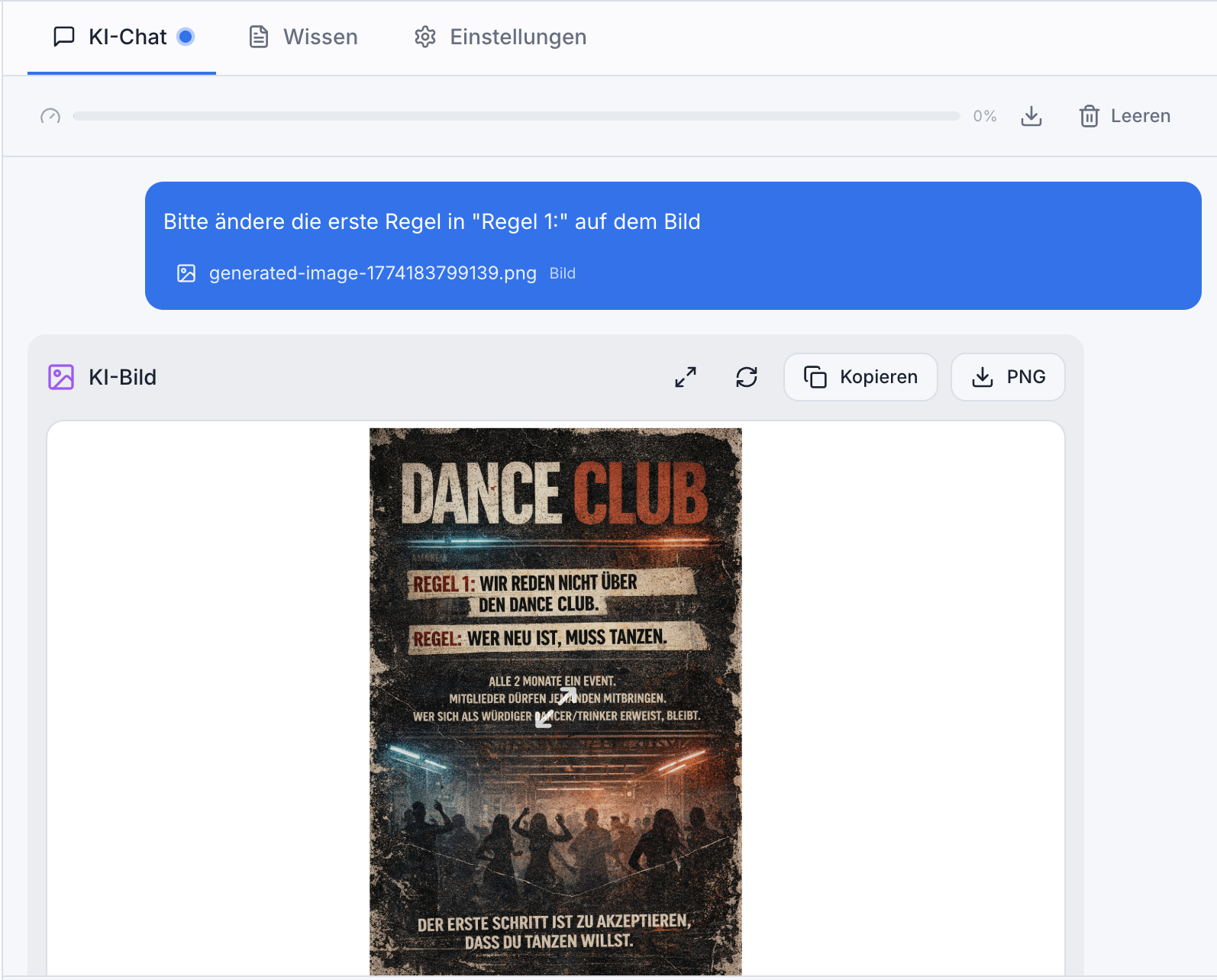 Genesis KI-Bildgenerierung mit Edit-Modus: Dance Club Poster wird per Text bearbeitet
