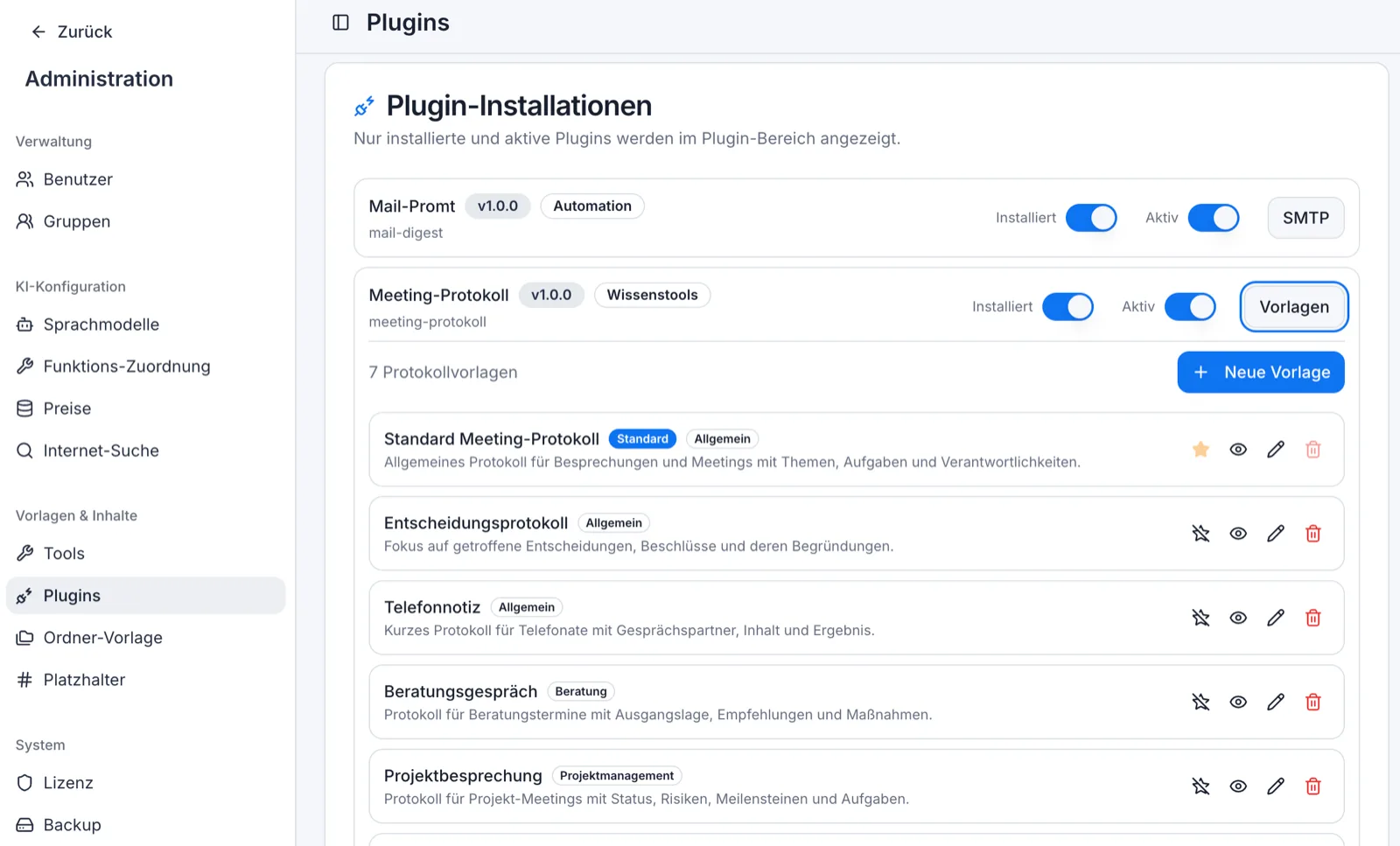 Genesis Plugin-Verwaltung mit Meeting-Protokoll